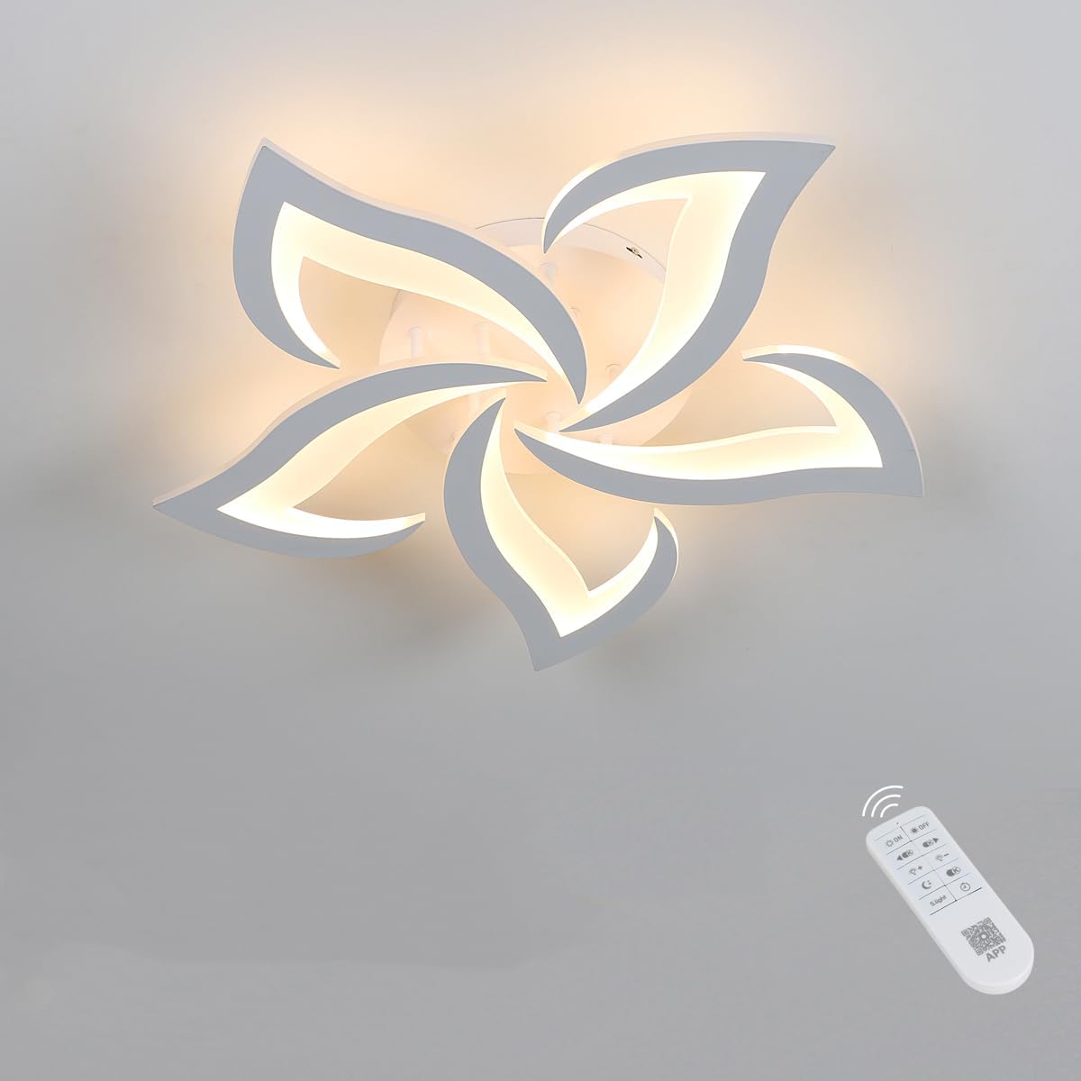 Lámpara de techo LED Riserva, regulable, 40 W, moderna, con mando a distancia/AP, 3000 K-6500 K, diseño creativo en forma de pétalo, ideal para salón, dormitorio, comedor o balcón, color blanco.