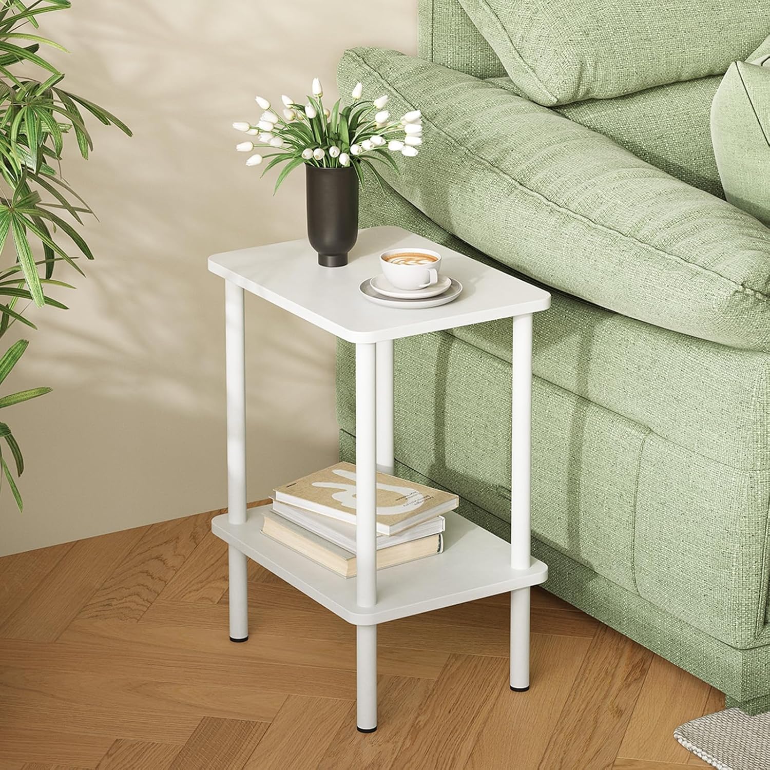 Mesa auxiliar APICIZON de madera, mesa auxiliar de 2 niveles blanca, mesita de noche estrecha, 40 x 30 x 52 cm, mesitas auxiliares pequeñas con espacio de almacenamiento, mesas auxiliares estrechas para salón, dormitorio y balcón.