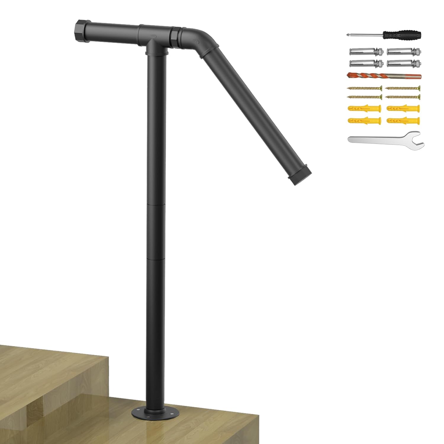 Barandilla de un solo poste para escaleras exteriores, apta para 1 o 2 escalones, barandilla de hierro forjado con base, barandilla de transición para escaleras de hormigón o madera, negra