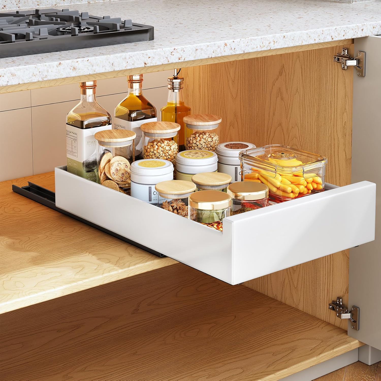 SAYZH Cajón Telescópico, Cajón Deslizante Para Alacena, Cajón de Cocina Extensible Desplegable, (25 cm de Ancho x 43 cm de Profundidad x 9 cm de Alto), Sin Necesidad de Taladrar Ni Clavar (Blanco)