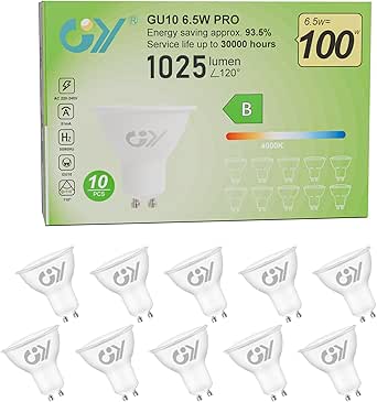 Bombilla LED GU10 GY, blanco neutro, 6,5 W, 4000 K, 1025 lúmenes, GU10 de bajo consumo, 100 W, reemplaza bombillas no regulables, 10 unidades [Clase de eficiencia energética B]