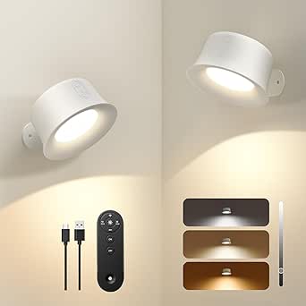 FULEN - Aplique LED de pared para interior (2 unidades, 3 modos de color, lámpara de noche, rotación de 360°, control táctil, inalámbrico, para sala de estar, dormitorio y pasillo), color blanco