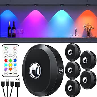 Focos LED RGB recargables por USB WILLED con control remoto, luces LED que cambian de color para debajo de los gabinetes, iluminación magnética regulable a batería, iluminación inalámbrica para vitrinas con temporizador (paquete de 6)