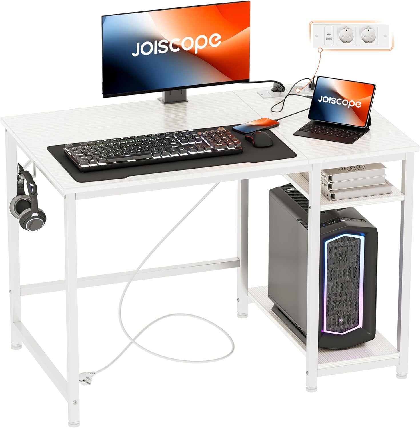 JOISCOPE Escritorio de Ordenador de Estudio, Mesa Escritorio con Toma de Corriente AC, Puertos USB y Type-C, Estante de Almacenamiento, Adecuado para Dormitorio y Oficina, 120 x 60 CM, Blanco B0D69FVKRD