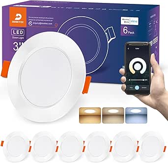 Focos LED inteligentes empotrables DUSKTEC, 230 V, 7 W, regulables, con aplicación, luz blanca cálida y fría (2700 K-6000 K), compatibles con Alexa, 68 mm, para baño, juego de 6 unidades.