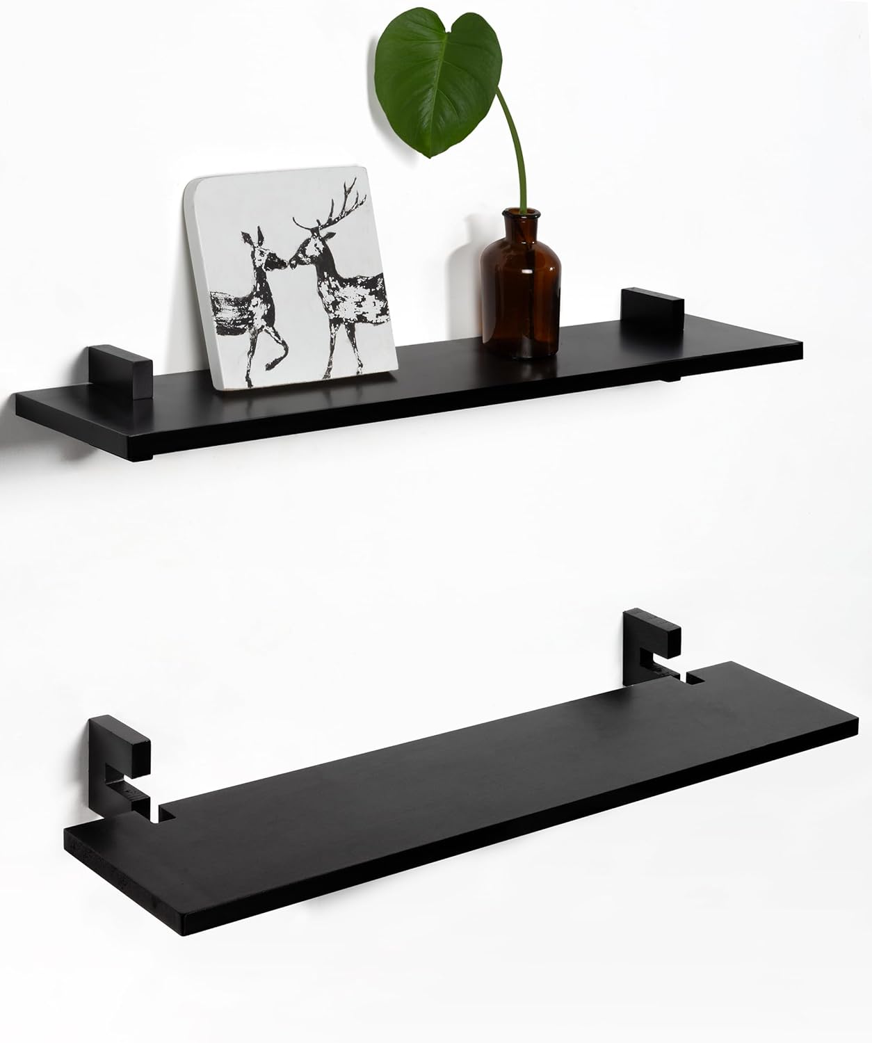 Estante de pared de madera Gronda de 60 cm, juego de 2 estantes de pared negros, estante flotante para pared moderna, madera maciza de alta calidad, estantes decorativos de pared para dormitorio, sala de estar, estaciones de trabajo, oficina, cocina