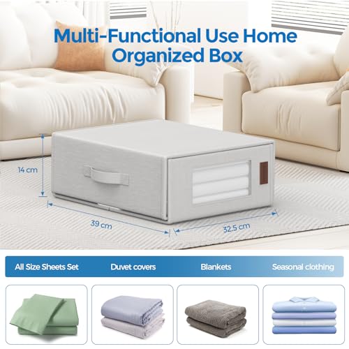 Bolsa de almacenamiento Mowend para ropa de cama, funda nórdica, organizador de sábanas plegable para camas tamaño king y queen con ventana transparente y asa mejorada, capacidad de carga de 5 kg, paquete de 3 (blanco)