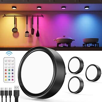 Foco LED RGB Vloee con batería y control remoto, 2400 mAh, recargable por USB, para vitrina, luz inalámbrica para debajo del gabinete, luz LED redonda que cambia de color para gabinete, iluminación magnética para estantes, luz adhesiva a batería.