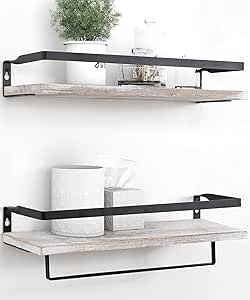 Estante de pared Afuly para baño, madera blanca, metal negro, flotante, vintage, rústico, con toallero, estantes decorativos para pared, baño, cocina, habitación infantil, sala de estar, pasillo, oficina, juego de 2