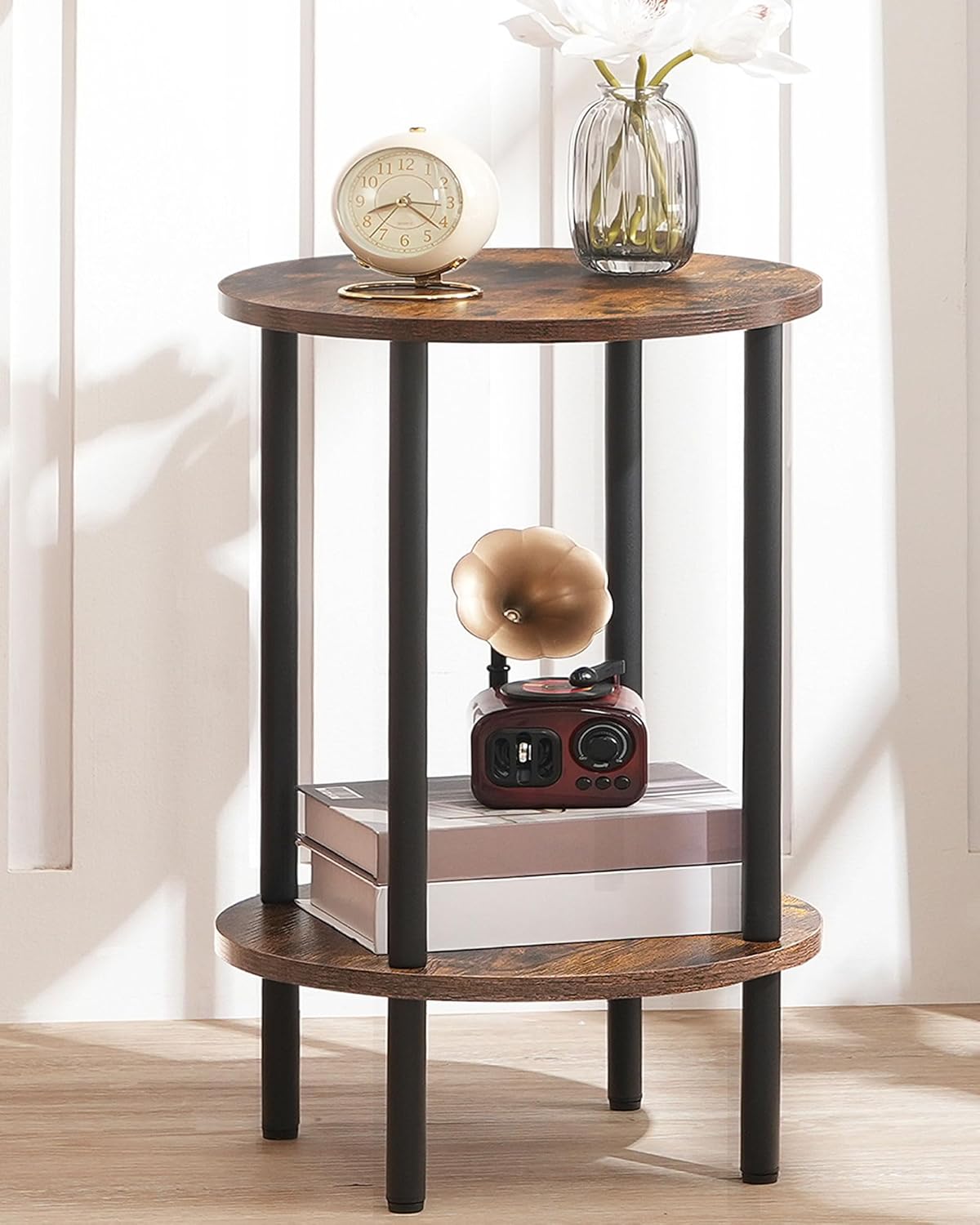 Mesa auxiliar redonda CHOEZON, mesa de sofá con 2 estantes, mesita de noche pequeña, mesa de centro de estilo industrial para sala de estar y dormitorio, marrón y negro vintage DTBZ01BF