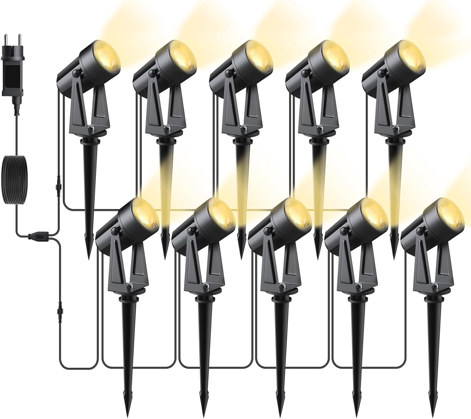 Iluminación LED para jardín exterior Svater, paquete de 10 unidades de 32 m, 2000 lúmenes, 10 focos de jardín de 2 W, 27 V, COB, IP65, resistentes al agua, luz blanca cálida, con estaca para jardín exterior.