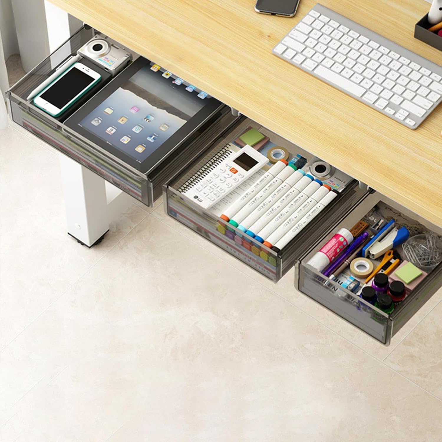 Paquete de 3 cajones extraíbles para debajo del escritorio (con adhesivo): crea espacio de almacenamiento adicional para tu hogar, oficina, cocina y útiles escolares.