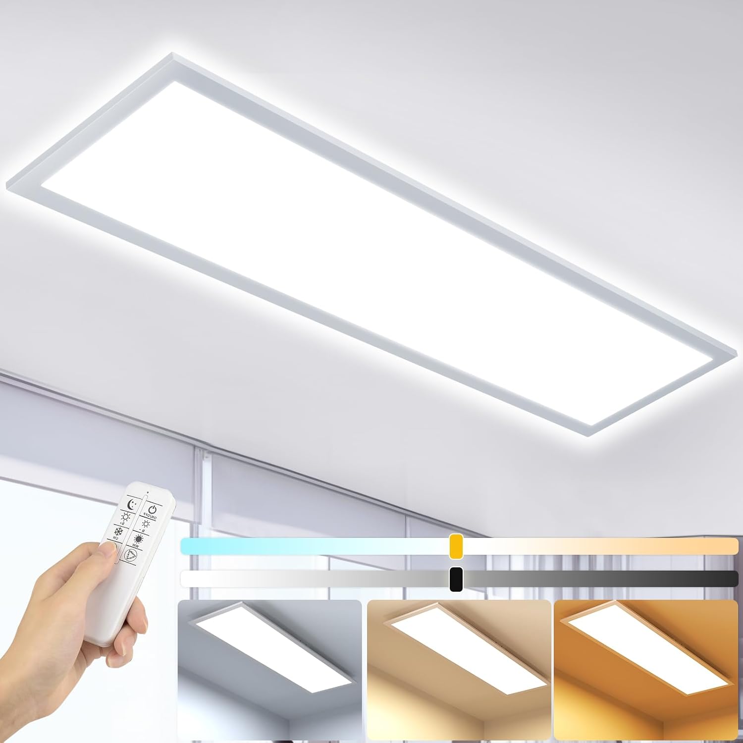 Lámpara de techo LED regulable OTREN de 120x30cm, panel LED de 40W con control remoto, 3600LM, ideal para oficina, sala de estar, dormitorio y cocina, 2800K-6000K.