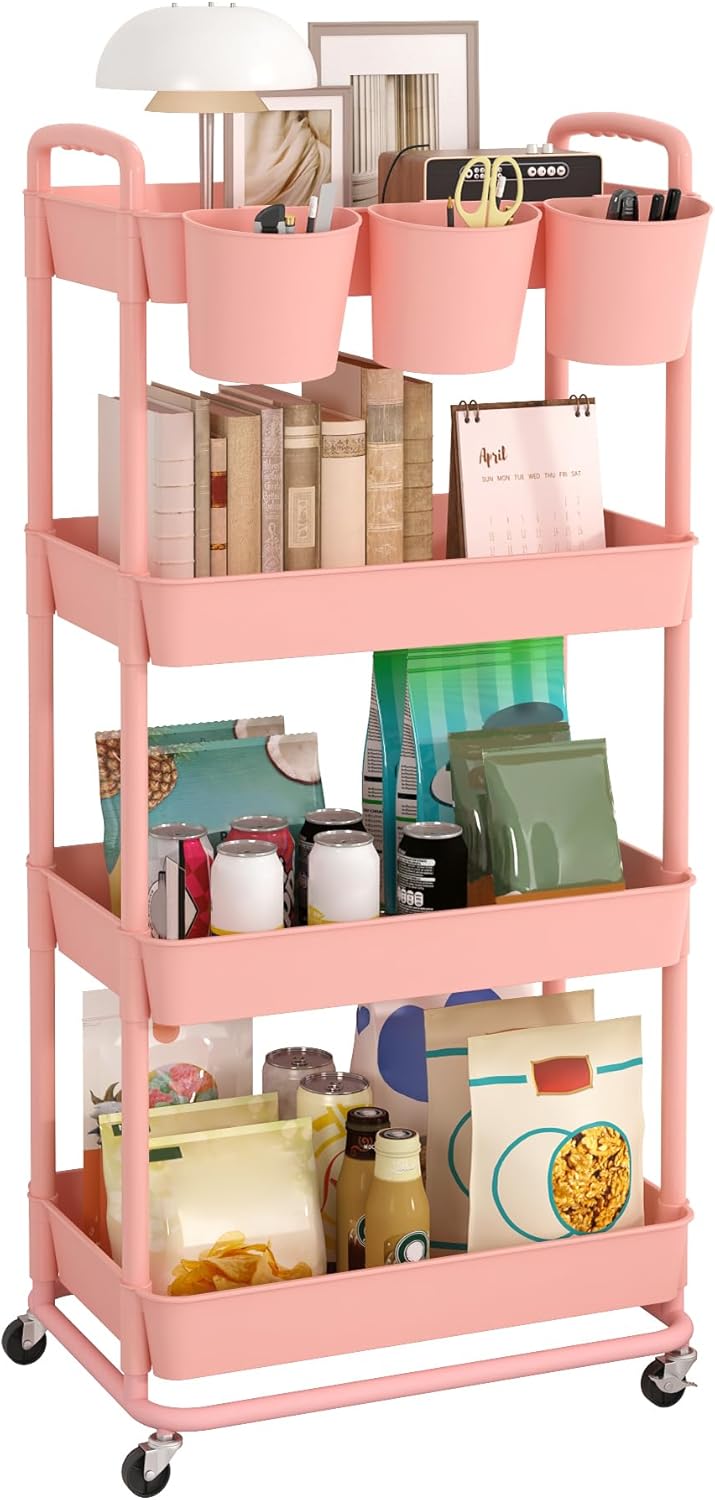 JIUYOTREE - Carrito de plástico de 4 niveles con asas colgantes y ruedas bloqueables para sala de estar, baño, cocina y oficina, color rosa