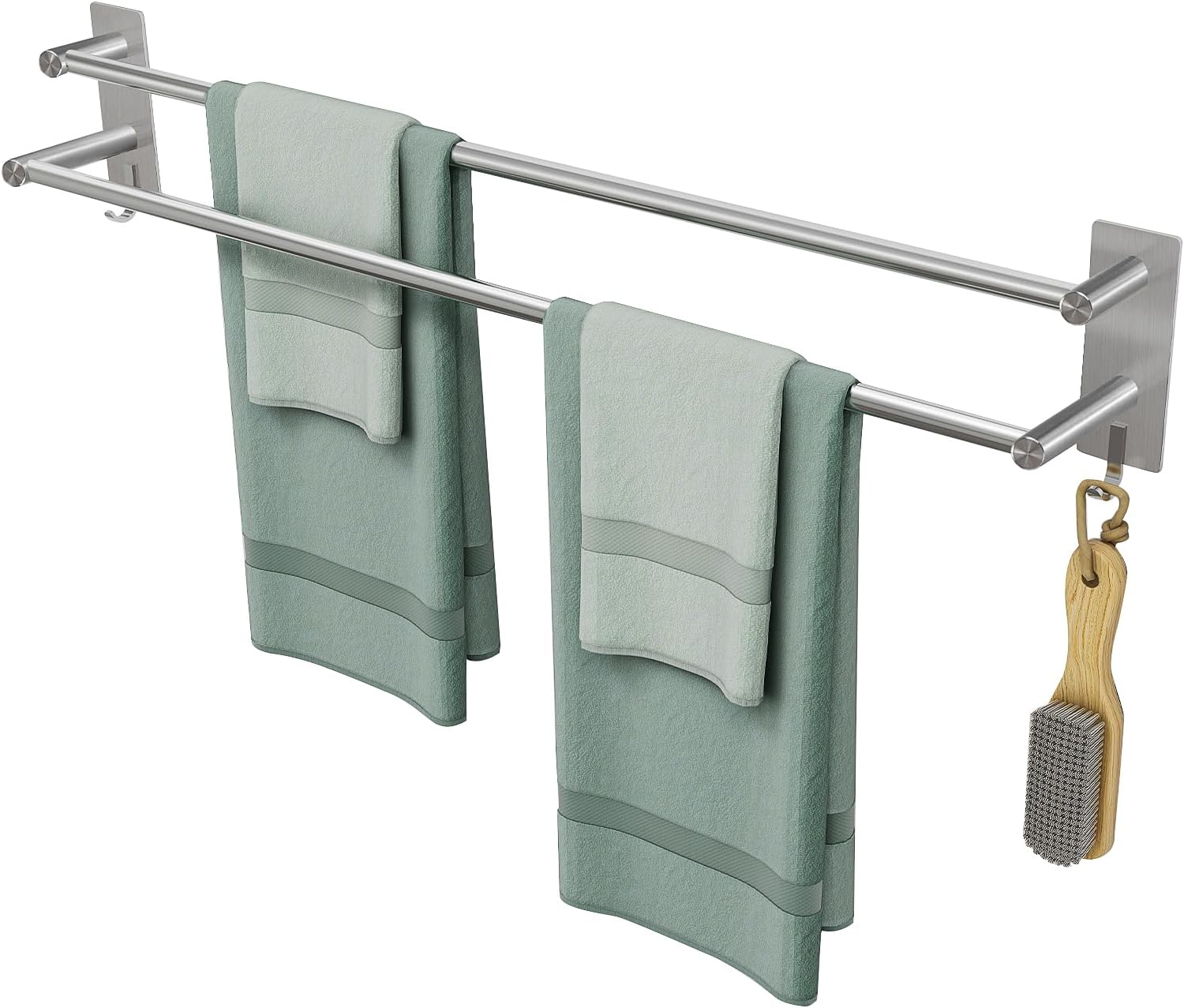 Toallero JS sin taladrar, acero inoxidable SUS304, toallero de pared, barra doble de 80 cm, toallero con 2 ganchos, soporte multifuncional para toallas de baño, autoadhesivo