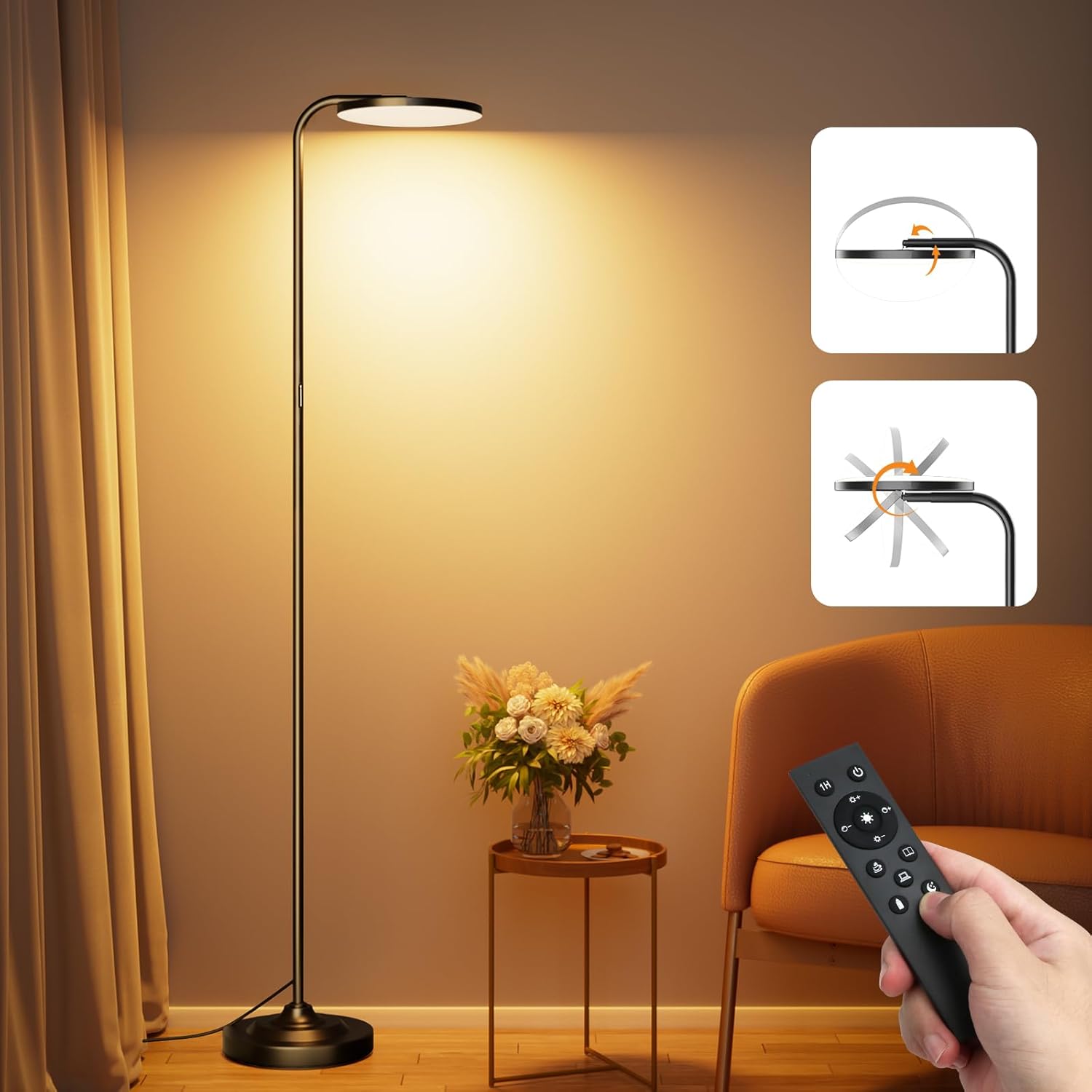Lámpara de pie SIBRILLE de 36 W para sala de estar, lámpara de pie moderna y brillante de 2400 lúmenes, regulable con control remoto magnético, lámpara de lectura LED negra de 3000 K-6000 K para sala de estar, dormitorio u oficina.