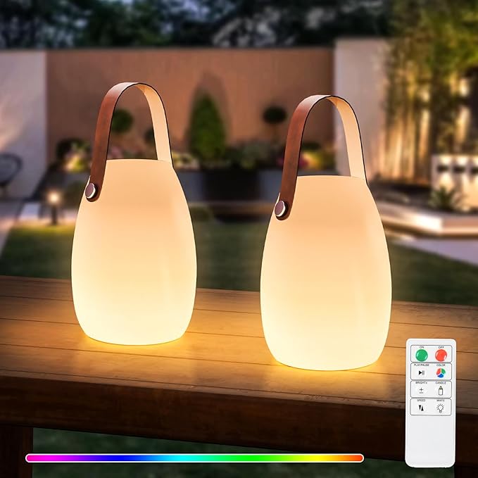 Lámpara de mesa LED GGII, portátil, inalámbrica, recargable, con control remoto, luz blanca cálida, 8 colores, regulable, impermeable, para exteriores (paquete de 2) para tu hogar y jardín.