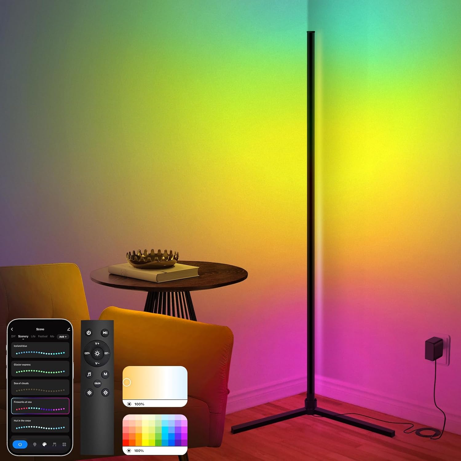 Lámpara de pie LED inteligente Weilim con control remoto y aplicación, RGB + blanco cálido/blanco frío, iluminación moderna para sala de estar, dormitorio, sala de juegos, compatible con Alexa y Google Home, se puede conectar a Wi-Fi.