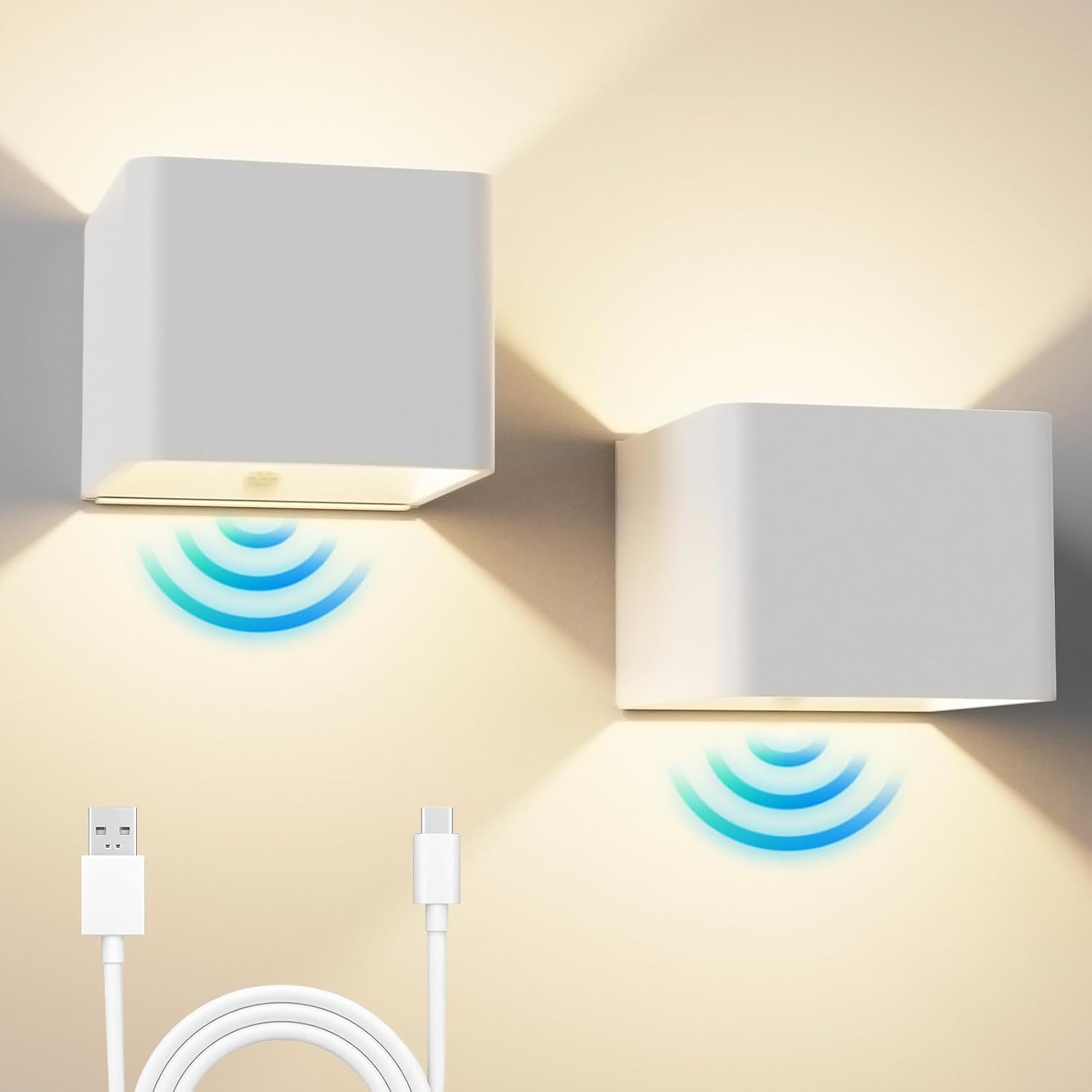 Aplique de pared con luz cálida, funciona con pilas, 2 unidades, sensor de movimiento, inalámbrico, luz blanca cálida, blanco