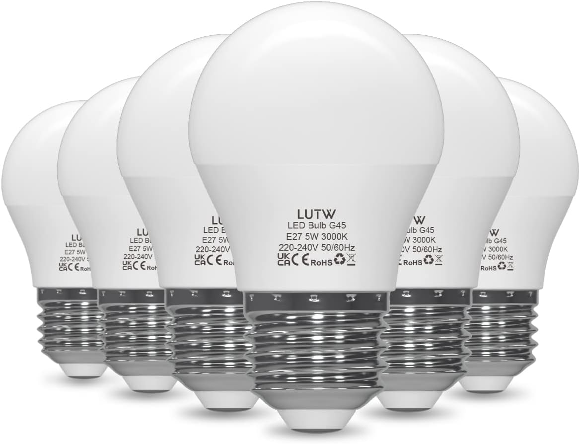 Lámpara LED LUTW E27 G45, bombilla LED de 5W que reemplaza bombillas incandescentes de 40W, Mini Globo G45, fuente de luz de 480lm, bombilla LED blanca cálida de 3000K, ángulo de haz de 220°, lámpara de bajo consumo, no regulable, 6 unidades