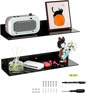 Estantes de pared acrílicos negros Sezanrpt de 50 cm. Estantería de pared de plexiglás para decoración de pared, ideal para muñecas, cosméticos, perfumes, libros y tarros de especias. Paquete de 2 (50 cm).