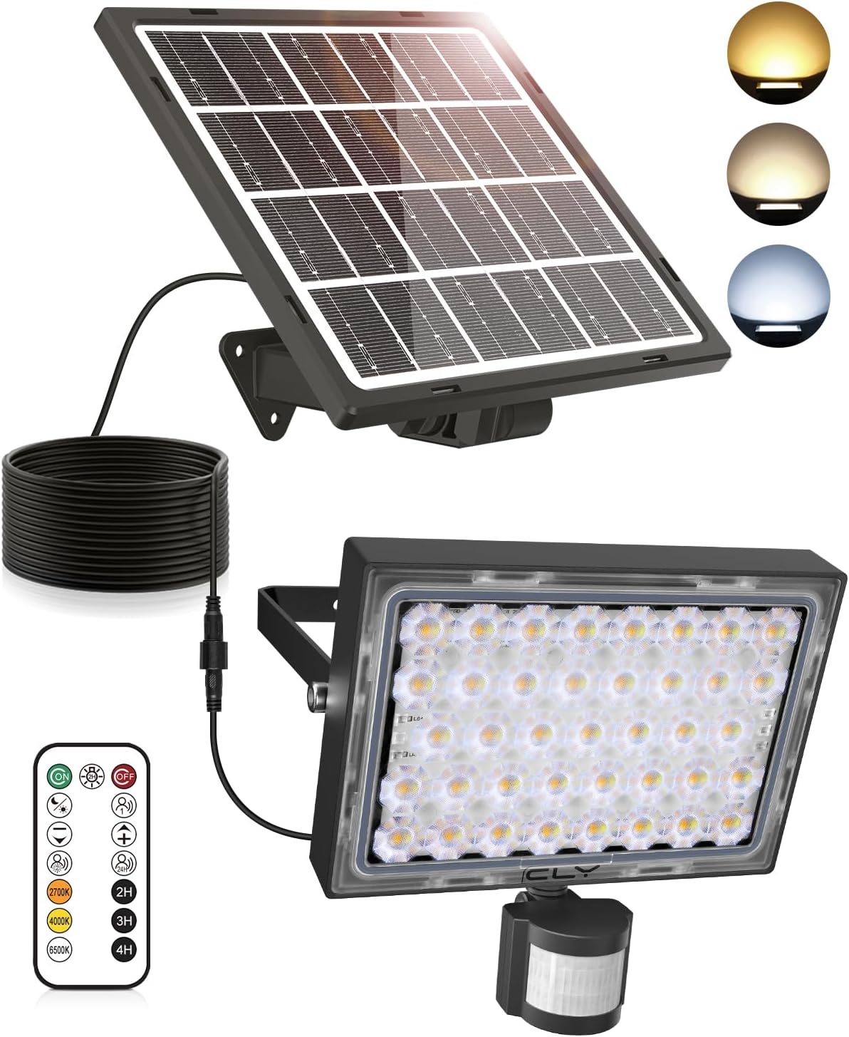 Luces solares CLY para exteriores con sensor de movimiento, 30 W, 2600 lúmenes, control remoto, 6 modos, 2500 K-6500 K, batería de 5000 mAh, resistente al agua IP66, cable de 5 m para garaje y jardín.