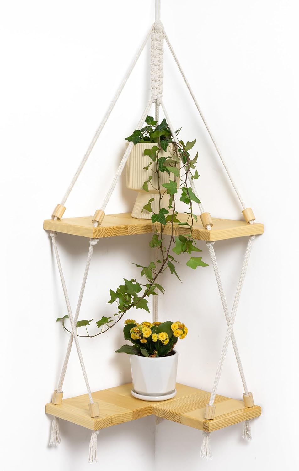 Estante de esquina colgante de madera Mazjoaru, juego de 2 estantes de pared en forma de L, decoración de pared de madera maciza estilo bohemio de macramé, para dormitorio, sala de estar, cocina y balcón.