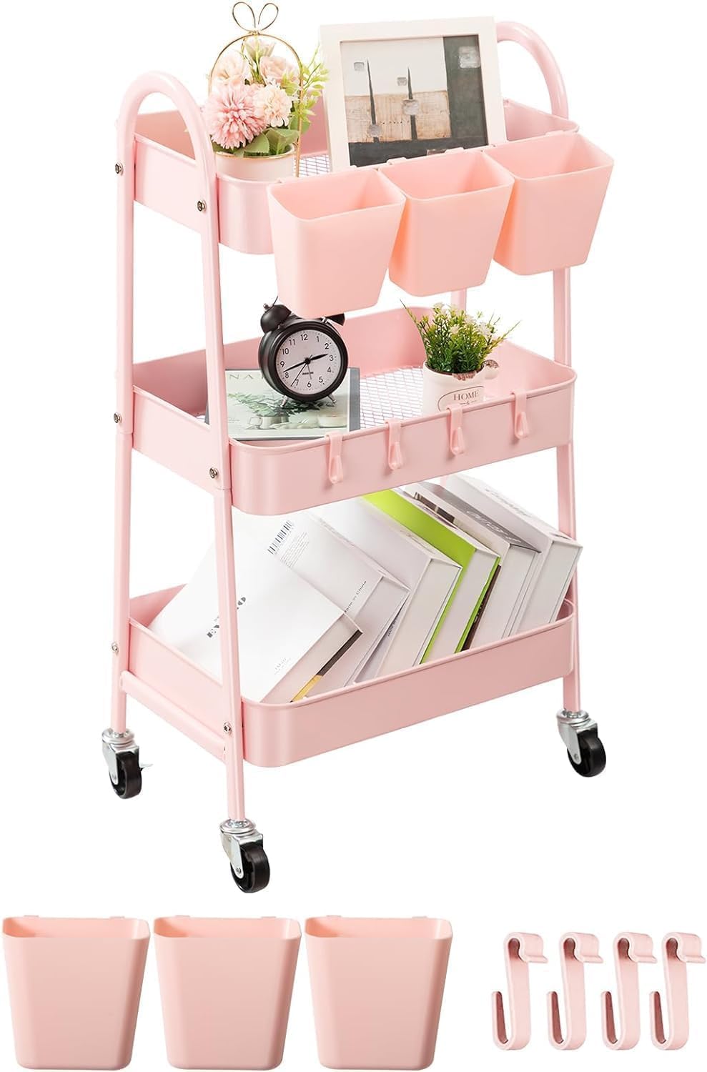 Carrito rodante de 3 niveles danpinera, de metal, para cocina, con ruedas bloqueables, ganchos y tazas colgantes, para manualidades, cocina, baño, oficina y taller, color rosa