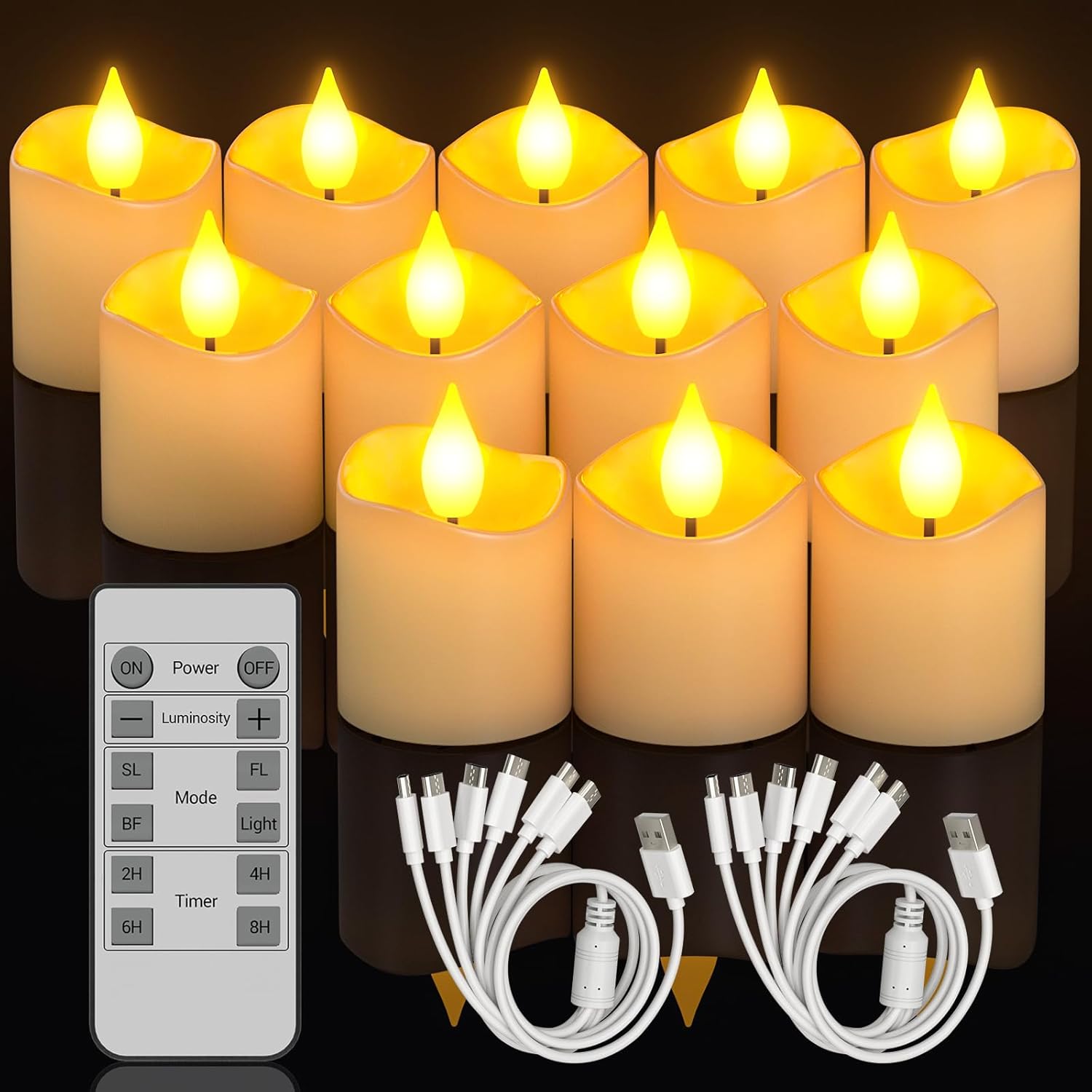 SoulBay Paquete de 12 velas LED recargables tipo candelita, con efecto parpadeante, control remoto y temporizador. Velas eléctricas LED recargables con cable USB-C para fiestas, sala de estar, Halloween y decoración navideña.