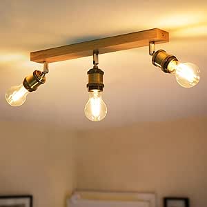 Foco de techo ANWIO de 3 luces E27, lámpara de techo de madera con 3 focos, foco industrial vintage, lámpara de techo con barra para salón, dormitorio, pasillo y cocina (bombillas no incluidas).