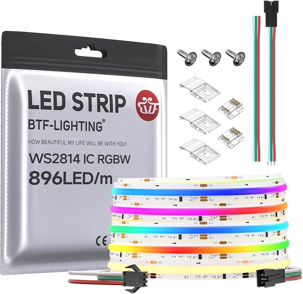 Tira de LED flexible de alta densidad BTF-LIGHTING COB FCOB SPI RGBWW RGB+Blanco cálido (3000K) con circuito integrado WS2814, 5 m, 896 LED/m, 24 V, IP30, color programable secuencial (sin fuente de alimentación ni controlador).