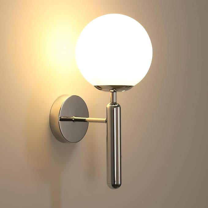 Aplique de pared para interior Goeco, lámpara de pared moderna de 15 cm, pantalla esférica de cristal, base de metal para dormitorio y salón, cromado.