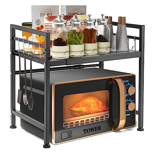 YunNasi - Estante expandible para microondas de 2 niveles, organizador de acero al carbono con 10 ganchos para tostadora y freidora de aire (negro 1)