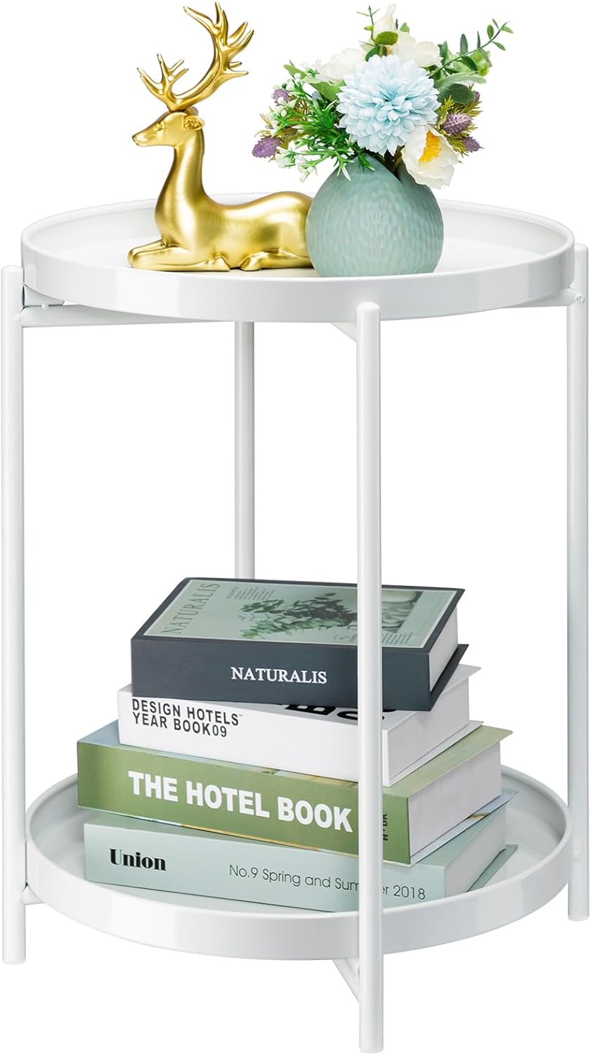 Mesa auxiliar redonda danpinera, blanca con 2 bandejas extraíbles, pequeña mesa redonda con espacio de almacenamiento, mesa pequeña para sala de estar, mesa de exterior de metal para jardín, blanca