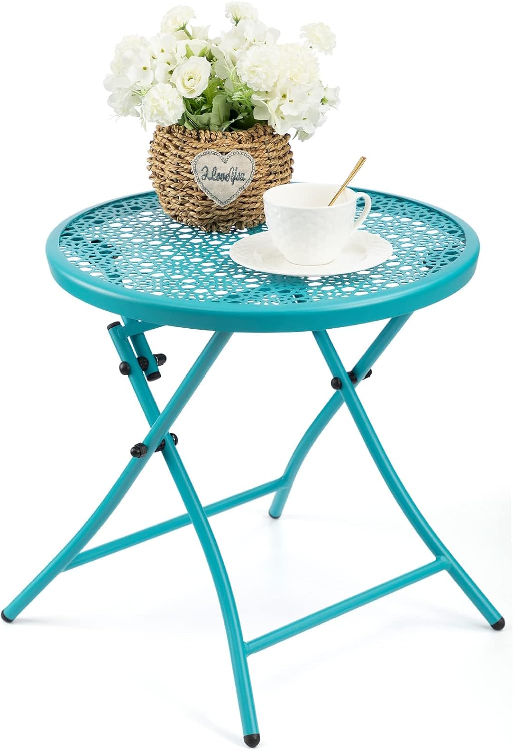 Mesa auxiliar plegable para exteriores TeoKJ, pequeña mesa de patio antioxidante, redonda de metal con recortes de flores para patio, balcón, terraza, césped, azul