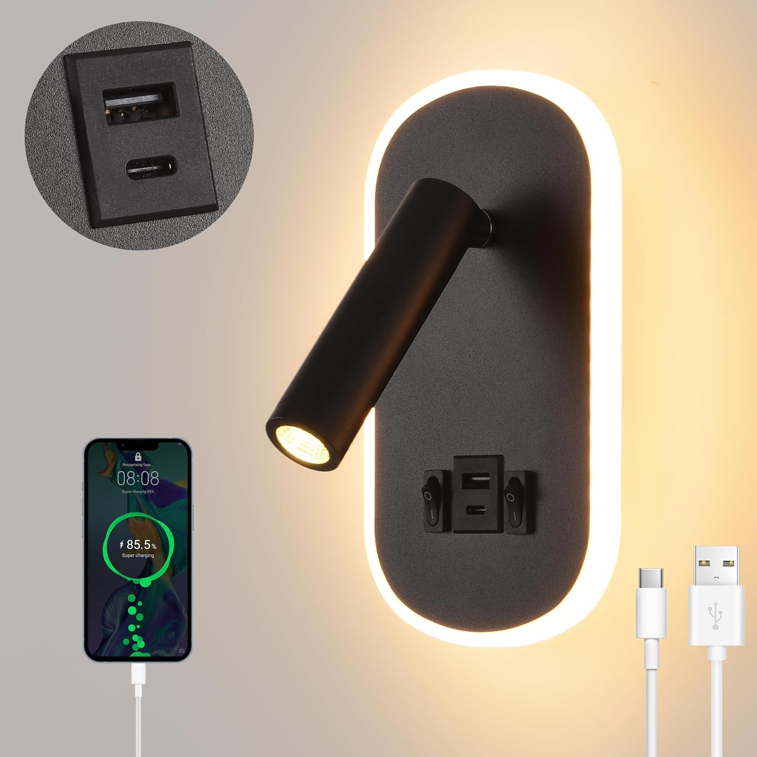 Lámpara de lectura LED KUKAK, aplique de pared con interruptor, puerto de carga USB + TIPO C, luz de lectura de pared de 3W 3000K + 9W 6000K, lámpara de mesita de noche giratoria, lámpara de interior, lámpara de mesita de noche para dormitorio u hotel.