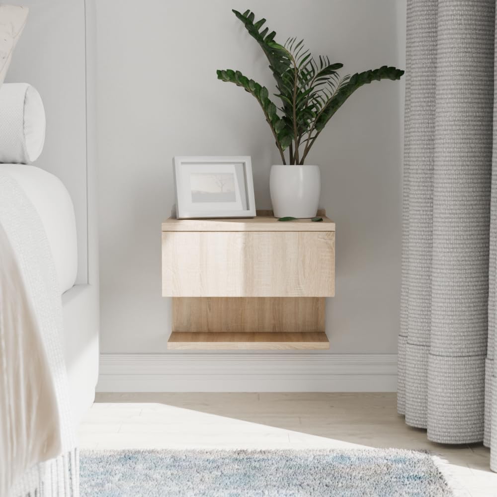 ComfortCove Mesita de Noche Colgante, Mesita de Noche, Mesita de Noche, Mesita de Noche Colgante, Mesa de Pared Delgada con Compartimento de Almacenamiento, Sonoma Tamaño: W35 x H30 x D31.6 cm