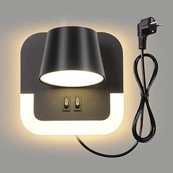 Lámpara de lectura de pared AWEKLIY LED 4W + 8W con interruptor, lámpara de lectura de pared interior con cable y enchufe, lámpara de lectura de pared para dormitorio, lámpara de noche, cabezal de lámpara giratorio, ajustable a 3000K, negro