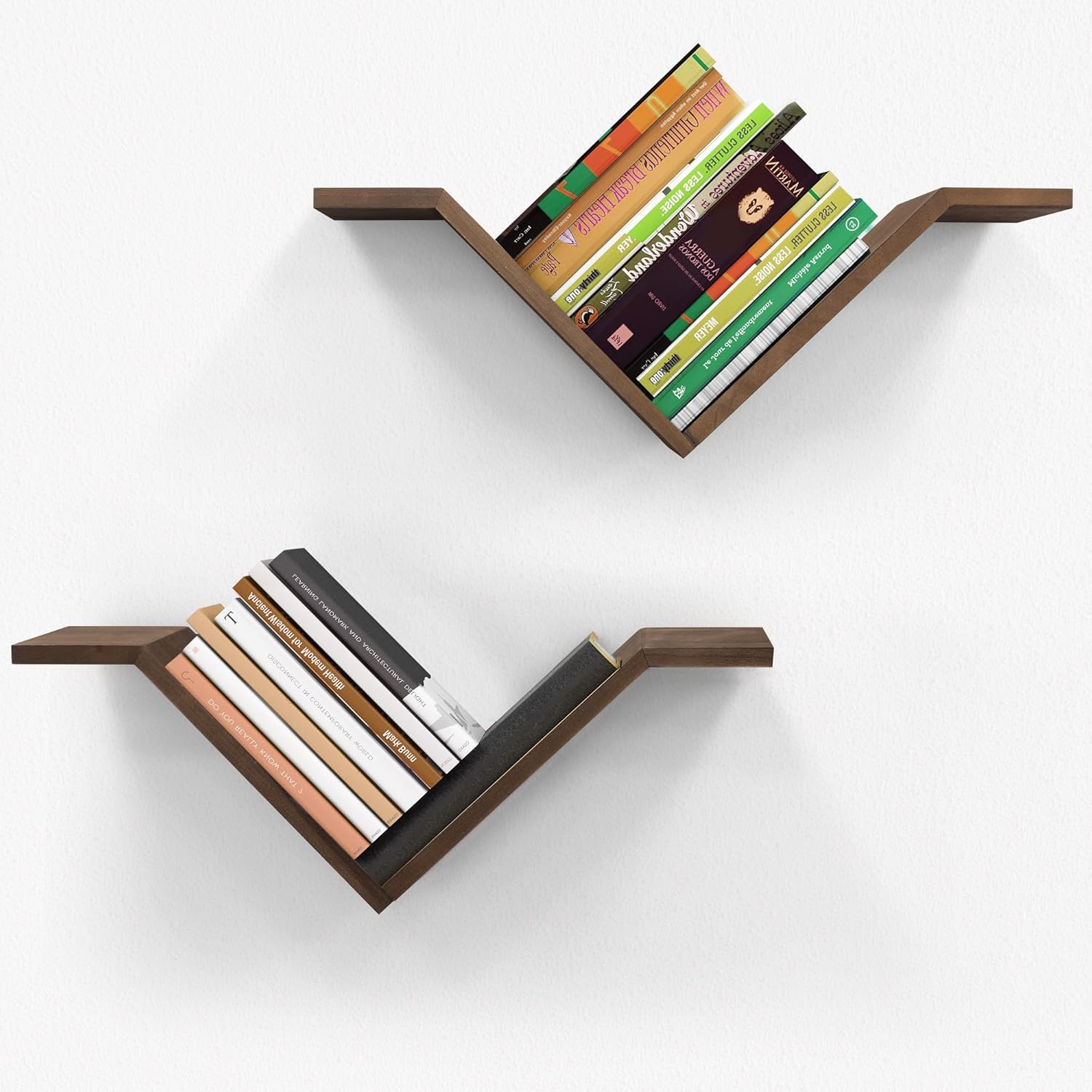 Estantería de pared Mazjoaru de madera, juego de 2, diseño en forma de ganso salvaje, estantes flotantes modernos en forma de V, decoración de pared para dormitorio, sala de estar, habitación infantil, color marrón