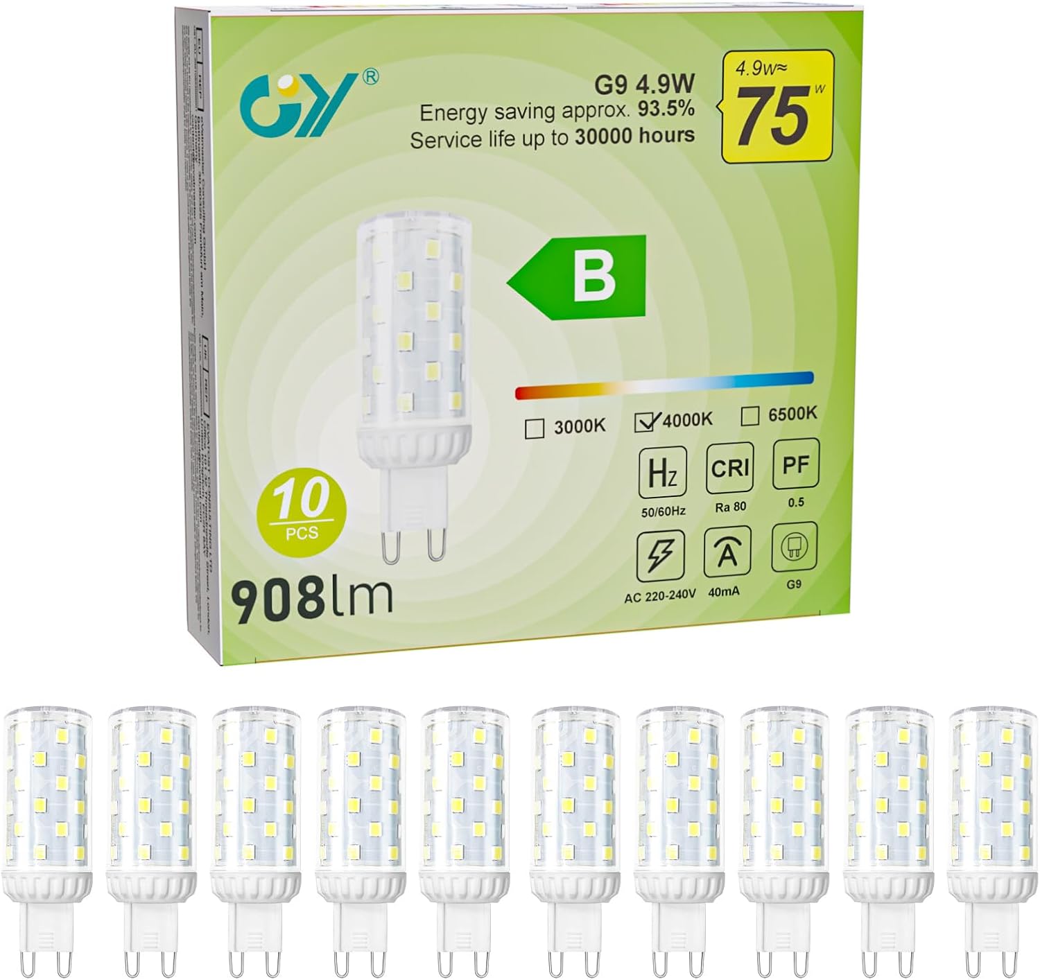 Bombilla LED GY G9 4000K Blanco neutro 4,9W (equivalente a 75W) 908 lúmenes Sin parpadeo No regulable Bombillas de bajo consumo Tamaño grande No apta para luminarias cerradas Para portalámparas abiertos Paquete de 10