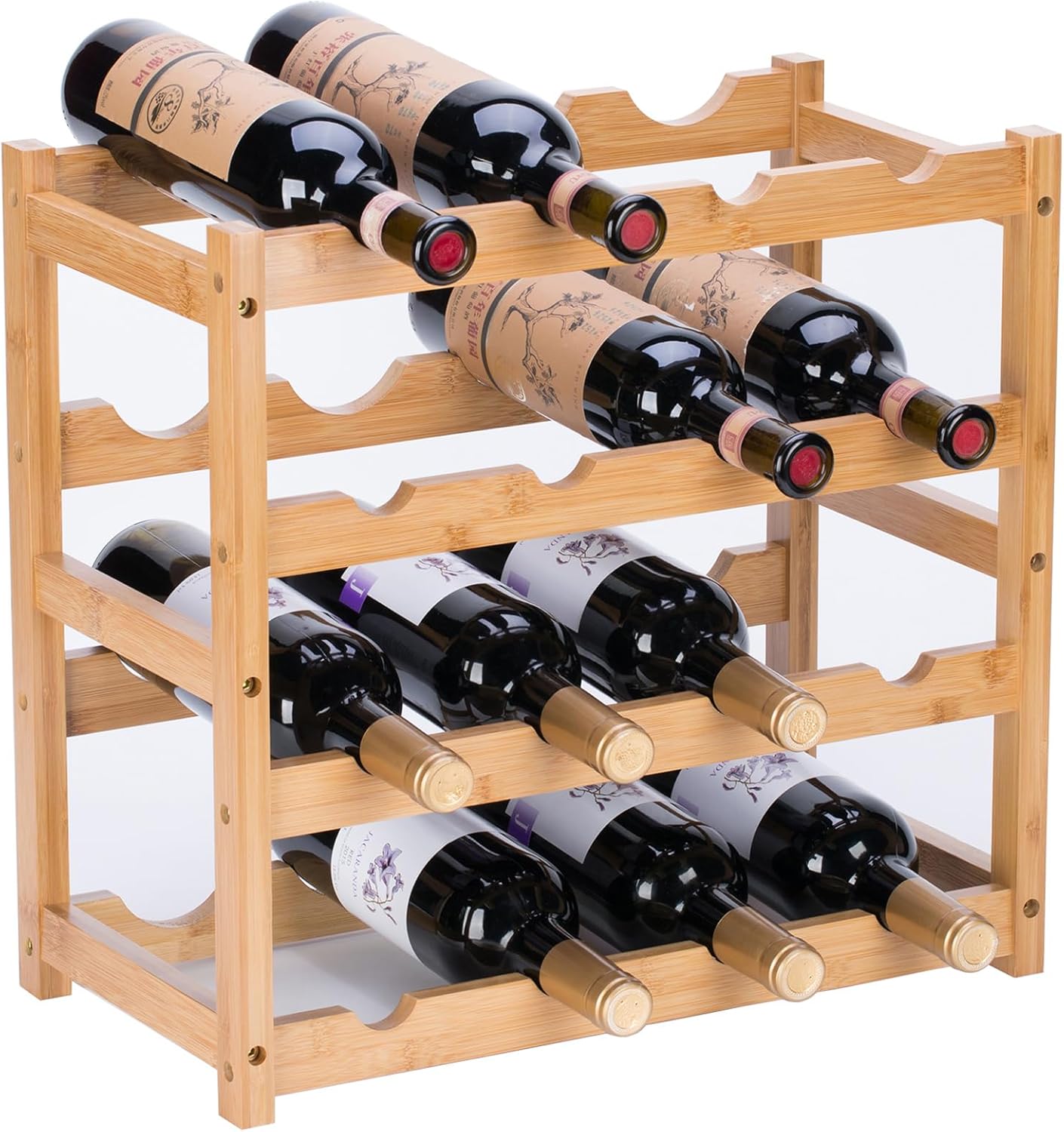 YunNasi Botellero Vino, Botellero Vertical de Bambú, Botellero Apilable de Mesa, Expositor Vino para Cocina Bar Bodega Vinoteca(4 Niveles-16 Botellas)