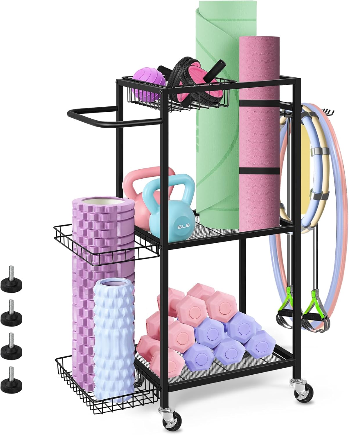 Soporte para equipo deportivo smusei, estante metálico de 3 niveles para esterillas de yoga y mancuernas con ruedas y 8 ganchos, carrito para equipo de fitness en casa para bloques de yoga, pesas rusas, etc., negro