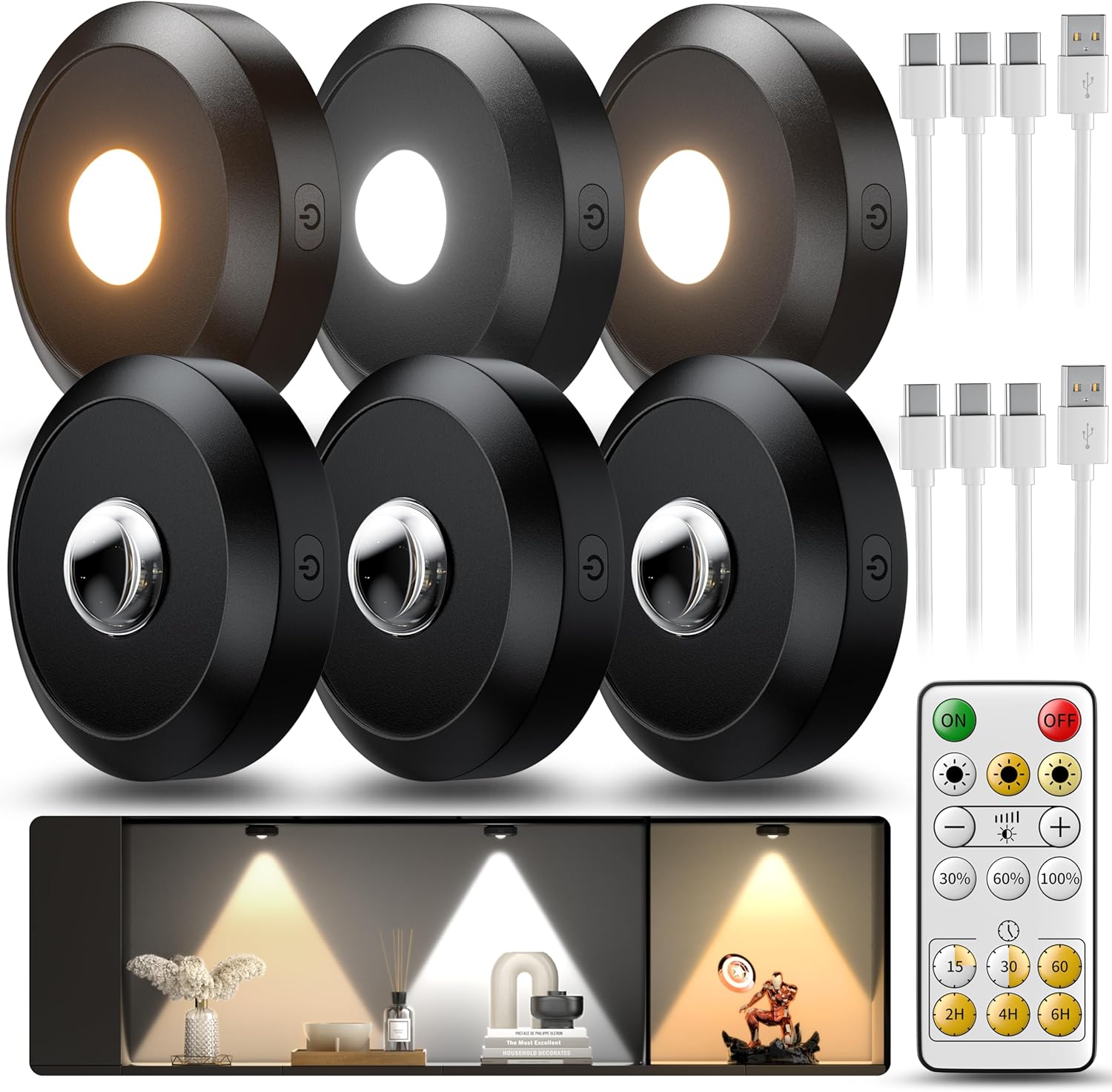 Luz LED recargable para debajo de gabinetes daphomeu con control remoto, foco LED regulable, luces inalámbricas para gabinetes con 3 temperaturas de color, iluminación LED redonda para vitrinas con función de temporizador.