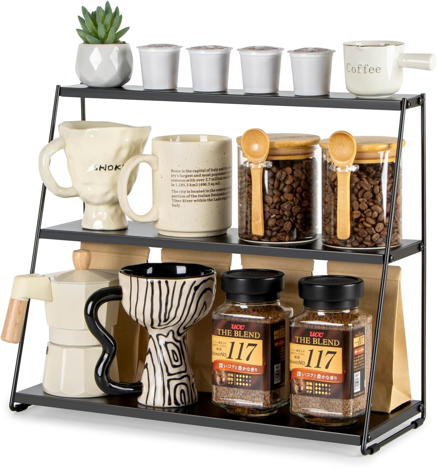 Soporte para tazas de café PUERSI, estante para tazas de mostrador, soporte metálico para tazas, soporte de 3 niveles para cafeterías, accesorios para estaciones de café, organizador de tazas para cocina, mostrador y cafetería - Negro