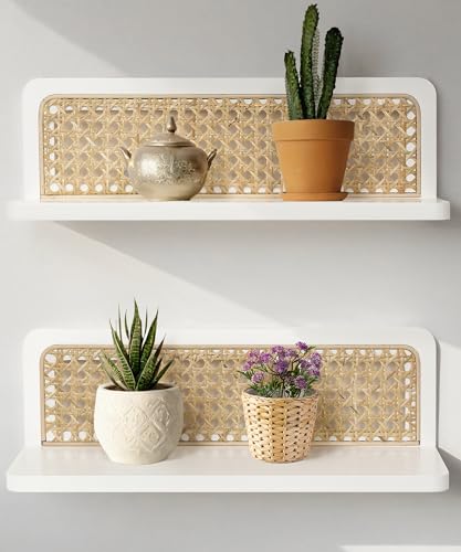 Estante de pared Mazjoaru blanco bohemio (2 unidades), estantes de ratán, decoración de pared bohemia, estantes de almacenamiento de madera modernos y rústicos para sala de estar, habitación infantil y dormitorio.