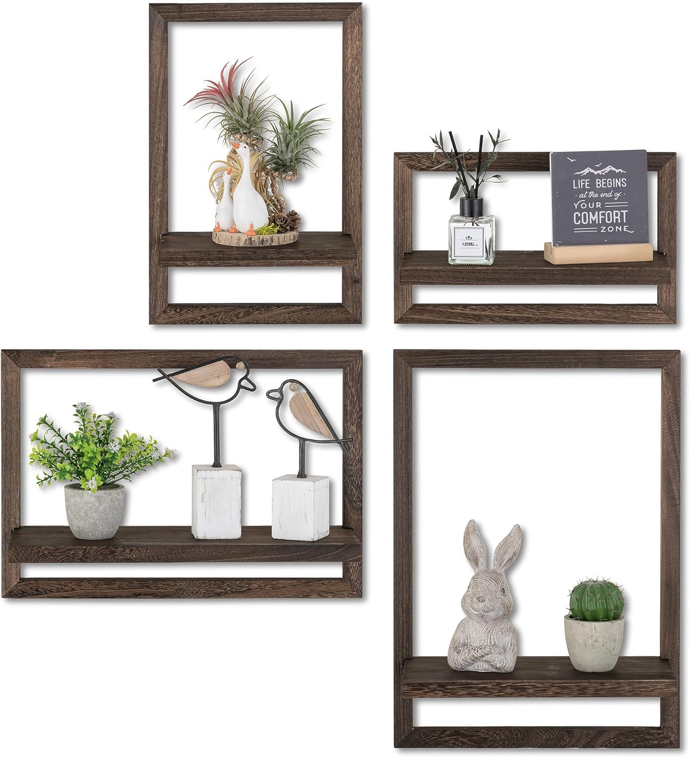 Estante de pared Walasis de madera para decoración de pared de sala de estar: juego de 4 estantes flotantes de pared, tablero de estante, tablero de pared - decoración de pared rústica para dormitorio (marrón oscuro)