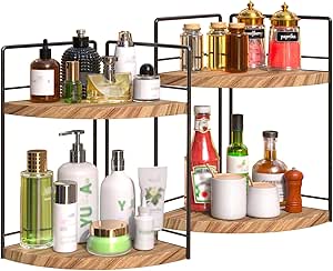 OCPO HOME - Organizador de encimera para baño (2 unidades), organizador de esquina para baño, estante de esquina de pie, organizador de cosméticos de 2 niveles, estante de esquina de madera para dormitorio y cocina (marrón)