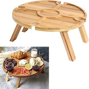 Mesa de vino plegable Inscrip, mesa de vino plegable para exterior, mesa de vino redonda de madera, mesa plegable para exterior, mesa de picnic plegable portátil, para jardín, camping, picnic, playa, conciertos, 30CM