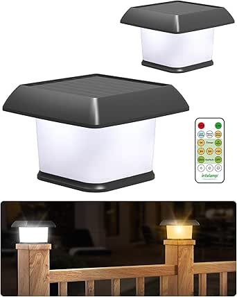 Farolas solares INTELAMP con control remoto, paquete de 2, para exteriores, blanco/blanco cálido/amarillo cálido, tres temperaturas de color, impermeables, para postes de cercas de madera