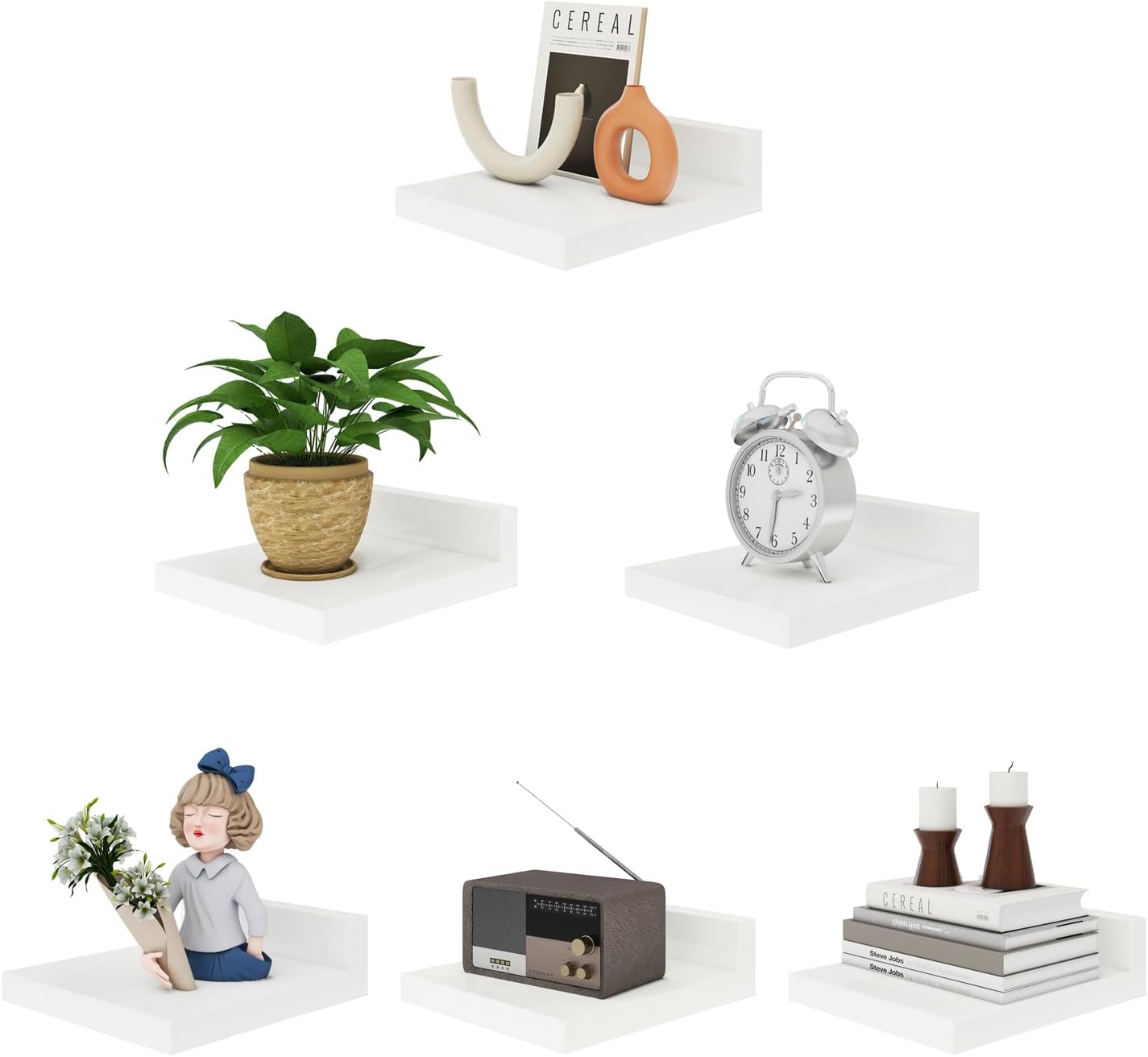 Estante flotante pequeño IBUYKE, estante de pared de madera, juego de 6, estantes de exhibición, estantes flotantes para dormitorio, baño, cocina, blanco, RF-GB505W-6